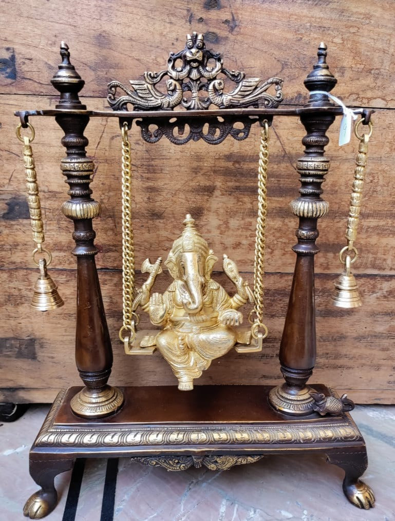 Pure Brass Lord Ganesha with wooden Polished Swing - The Lord of good fortune(Medium)