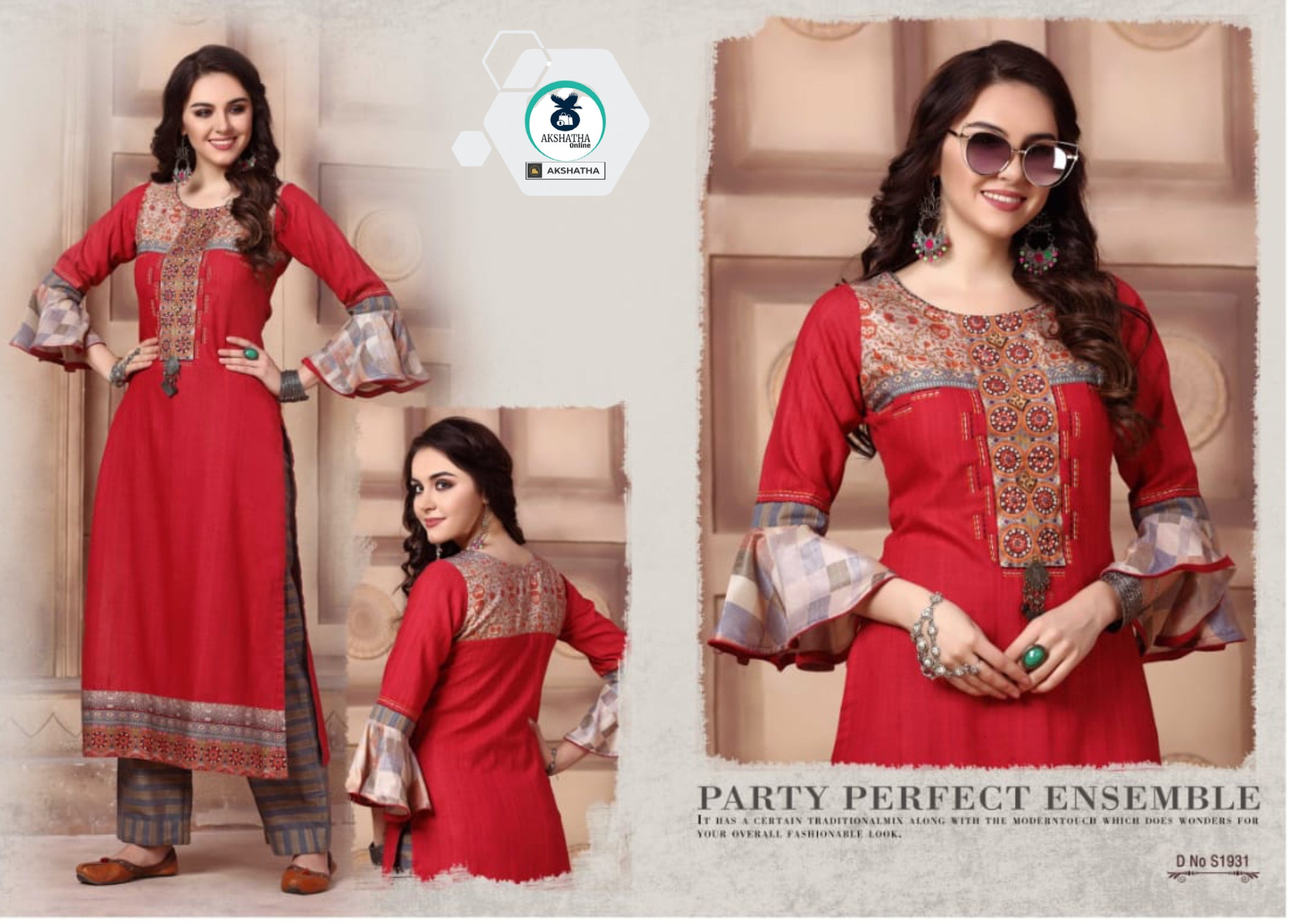 Straight Cut Kurti With Bell Sleeves And Pant (Set)...