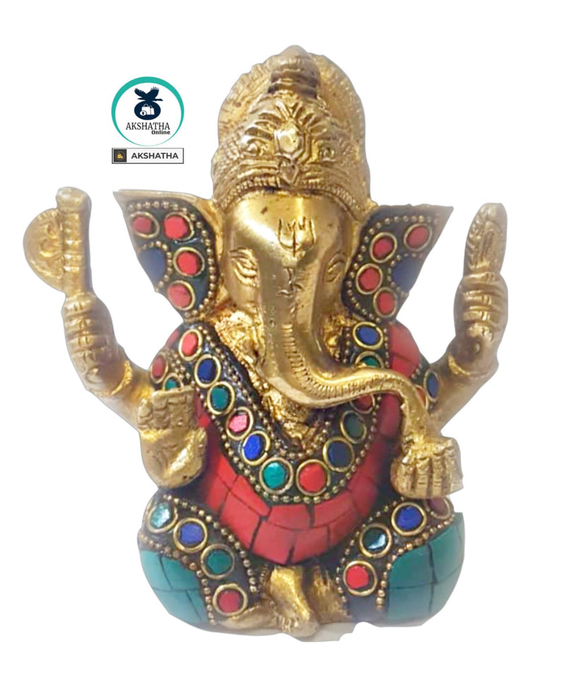 Brass Lord Ganesha with Stonework - The Lord of good fortune(Small)