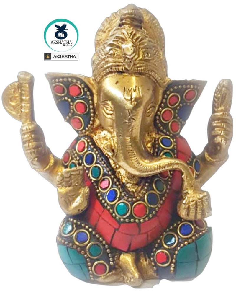 Brass Lord Ganesha with Stonework - The Lord of good fortune(Small)