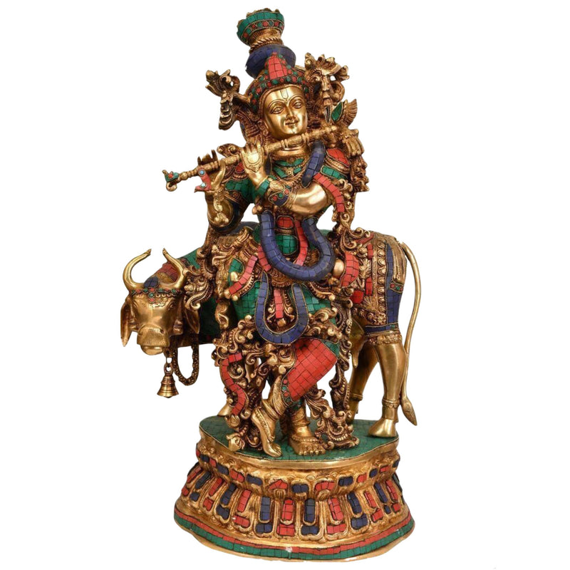 Brass Lord Krishna with Cow  - Comes with attractive colorful stone works