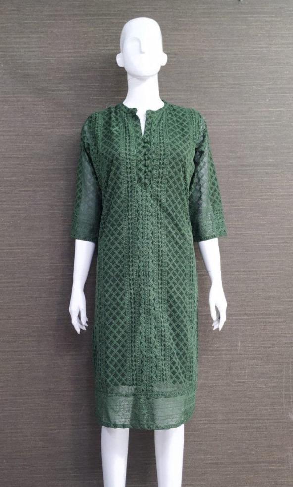 Lucknowi Chikan Work Georgette Fabric Kurti (Top Only) : Color -Parrot Green