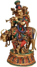 Brass Lord Krishna with Cow  - Comes with attractive colorful stone works